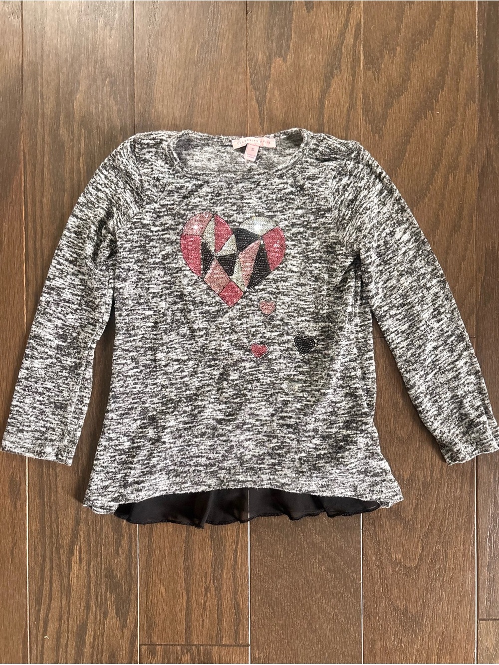 Celebrity Pink Gray Marled Knot Top W/ Sequin Heart & Black Sheer Trim- Sz 5